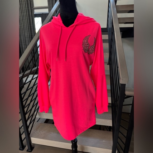 None Tops - New Hot Pink Hoodie Dress with pockets and Wing Design